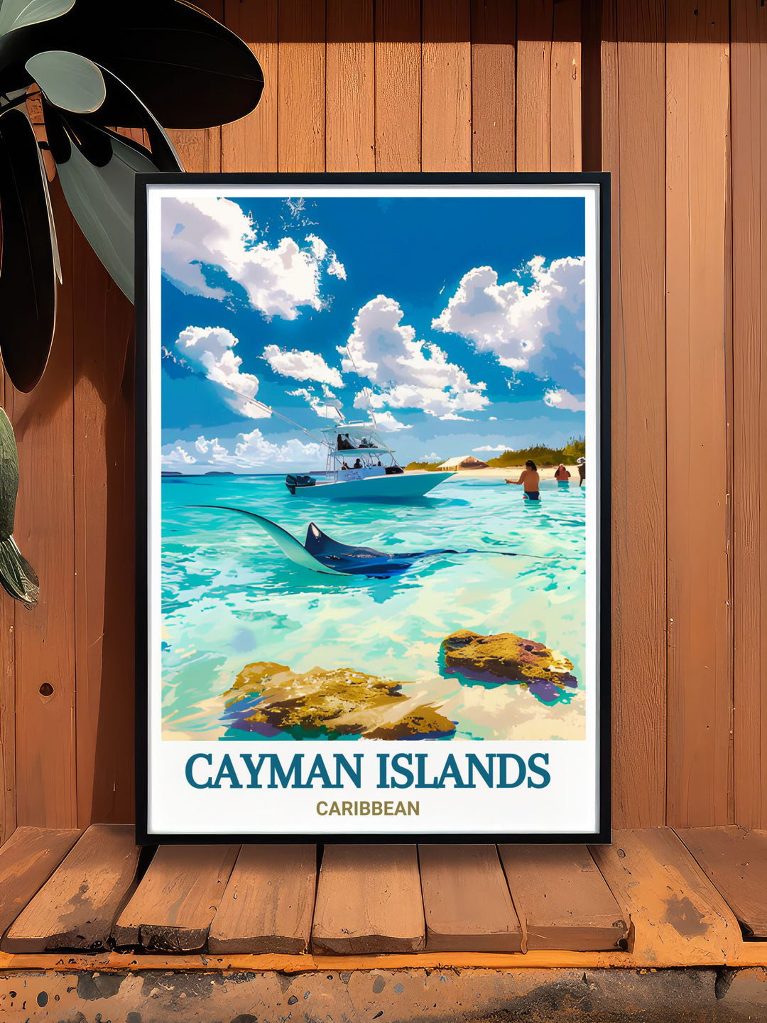 Captivating Stingray City poster highlighting the scenic marine landscapes of the Cayman Islands perfect for creating a tranquil ambiance in your living space and available as a travel poster print or personalized gift