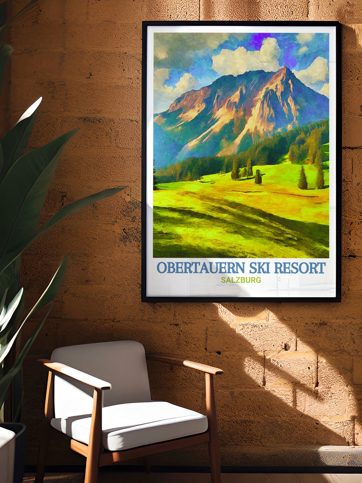 Bring the allure of Obertauern Ski Resort into your home with this vintage style poster that showcases the slopes of Obertauern and the magnificent Seekarspitz Mountain. Perfect for winter sports enthusiasts or anyone drawn to the Austrian Alps.