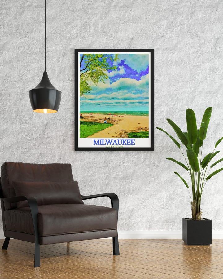 The Milwaukee skyline and Bradford Beach are both beautifully captured in this wall art, offering a perfect blend of the citys architectural landmarks and its natural surroundings. This print is ideal for anyone who loves Wisconsins scenic and cultural heritage.