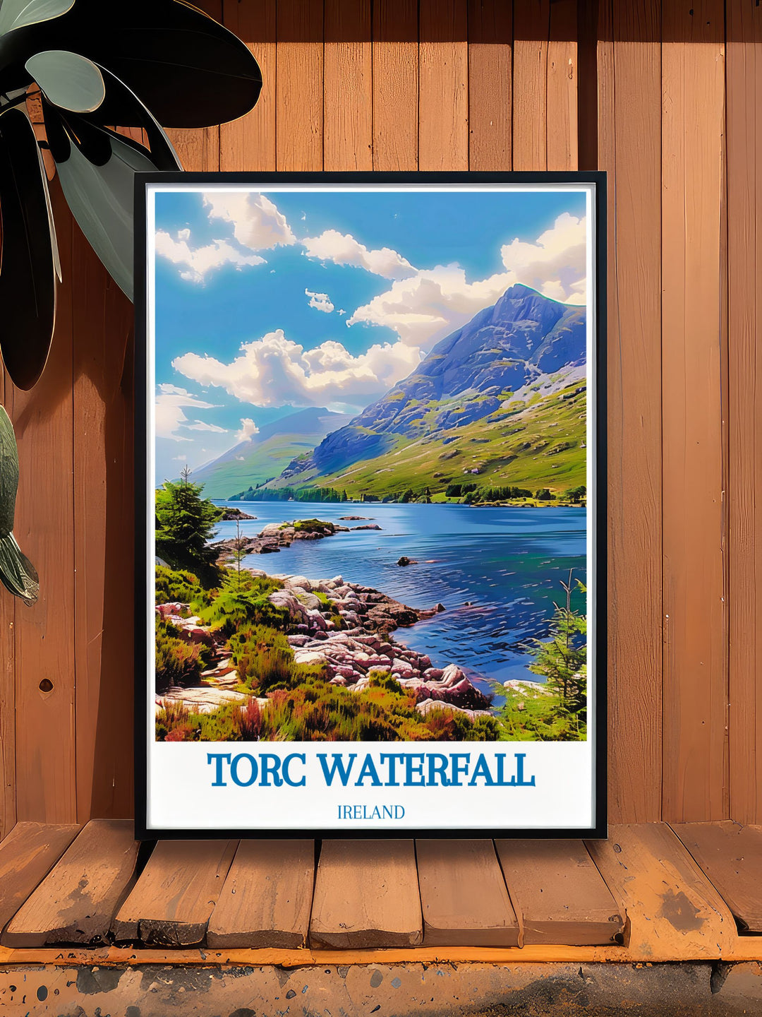 Experience the serene beauty of Torc Waterfall with this vibrant travel poster, capturing the cascading waters and lush surroundings.