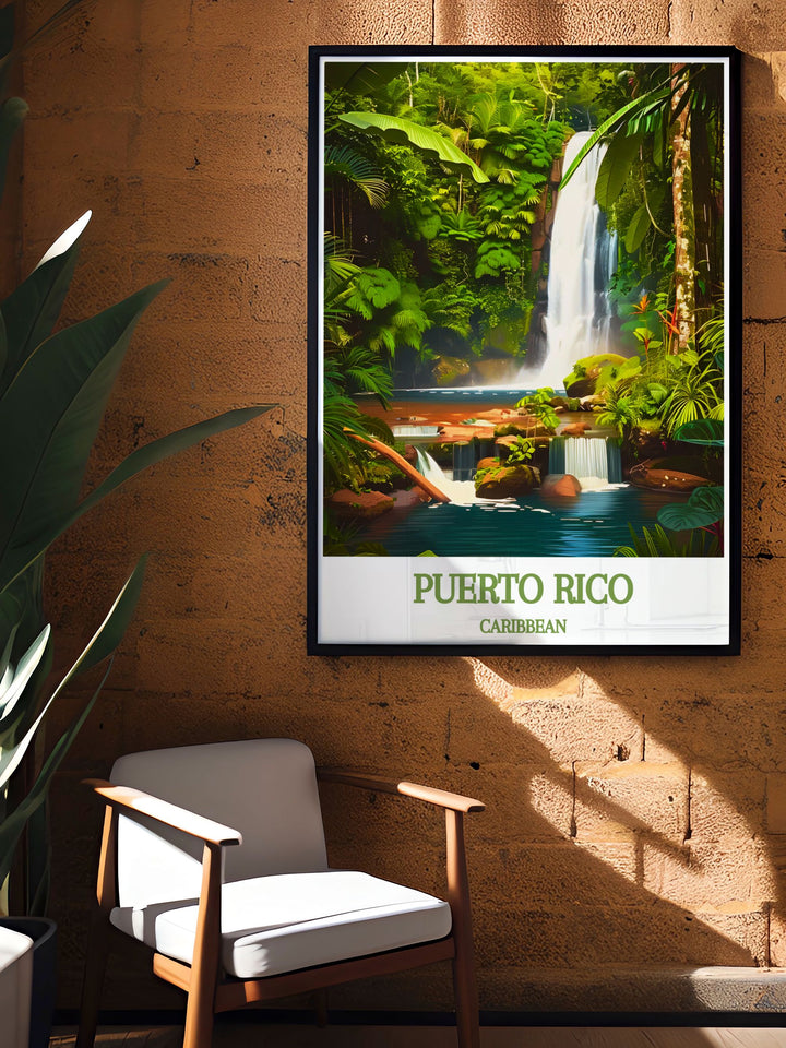 Captivating CARIBBEAN, El Yunque National Forest travel poster featuring intricate details and vibrant colors. A beautiful Arecibo painting that makes an excellent gift for anniversaries, birthdays, or holidays