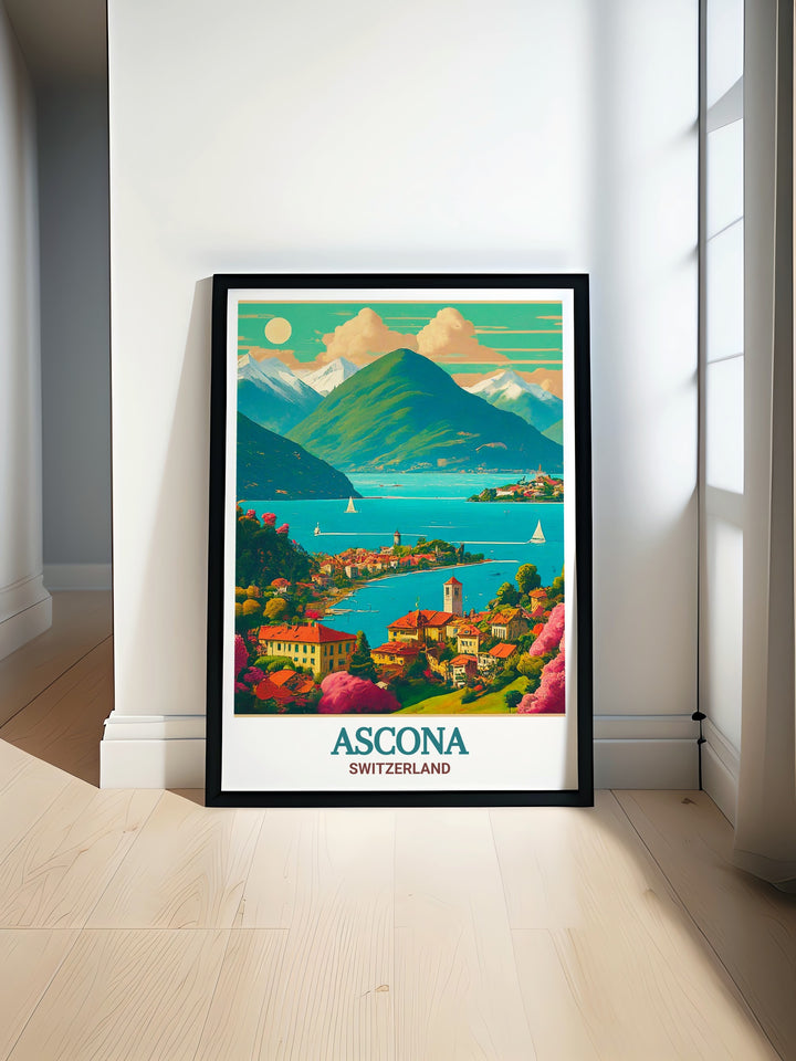 Ascona wall art showcasing the colorful streets and Mediterranean flair of Switzerlands sunniest town, with the Swiss Alps in the background. This piece brings both cultural and natural beauty into your space.