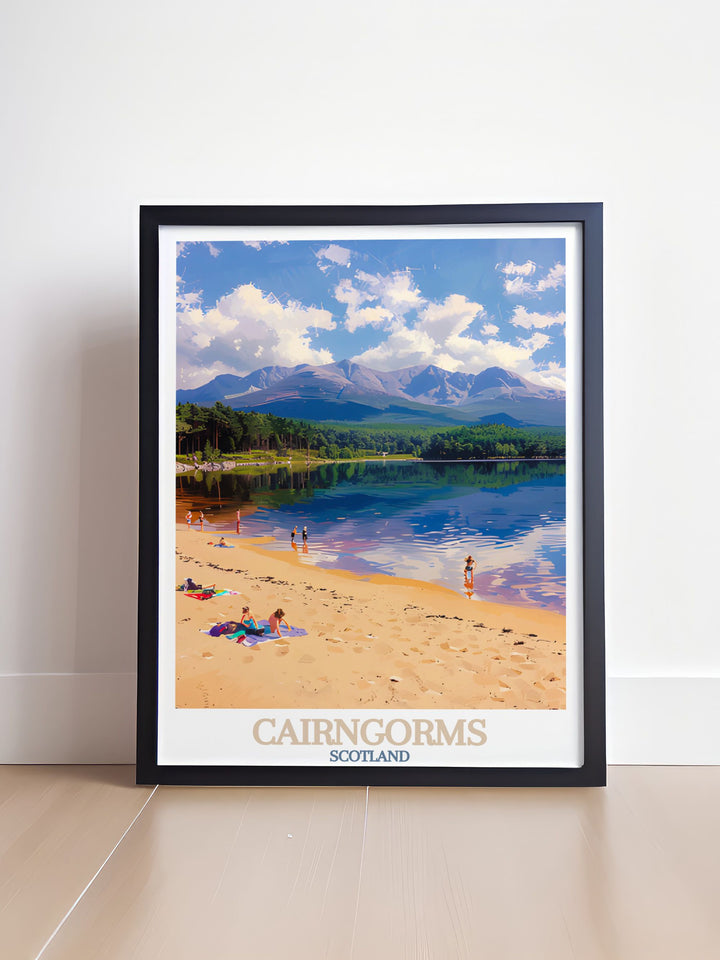 Scotland, Loch Morlich print highlighting the majestic scenery of the Cairngorms. A perfect addition to any travel collection or gallery wall. This print enhances your home decor with the beauty of Scotland, making it a cherished piece for art lovers.