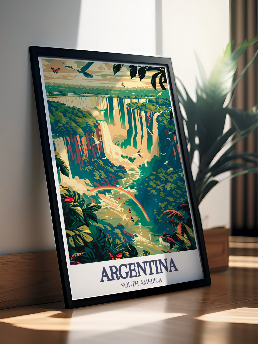 Modern art print of Iguazu Falls, Iguazu River capturing the dynamic and awe inspiring scenery. This Argentina decor piece is perfect for contemporary spaces and art enthusiasts who love nature.