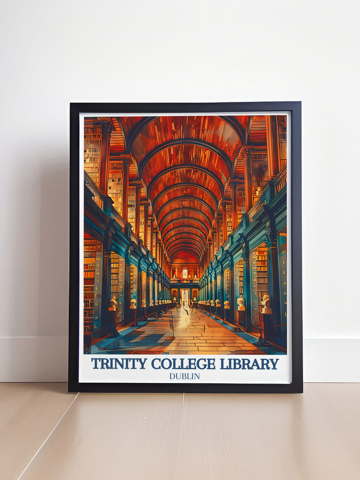 Elegant framed print of Trinity College with the Old Room Long Room perfect for adding a touch of sophistication to your living room or study with Irish wall art