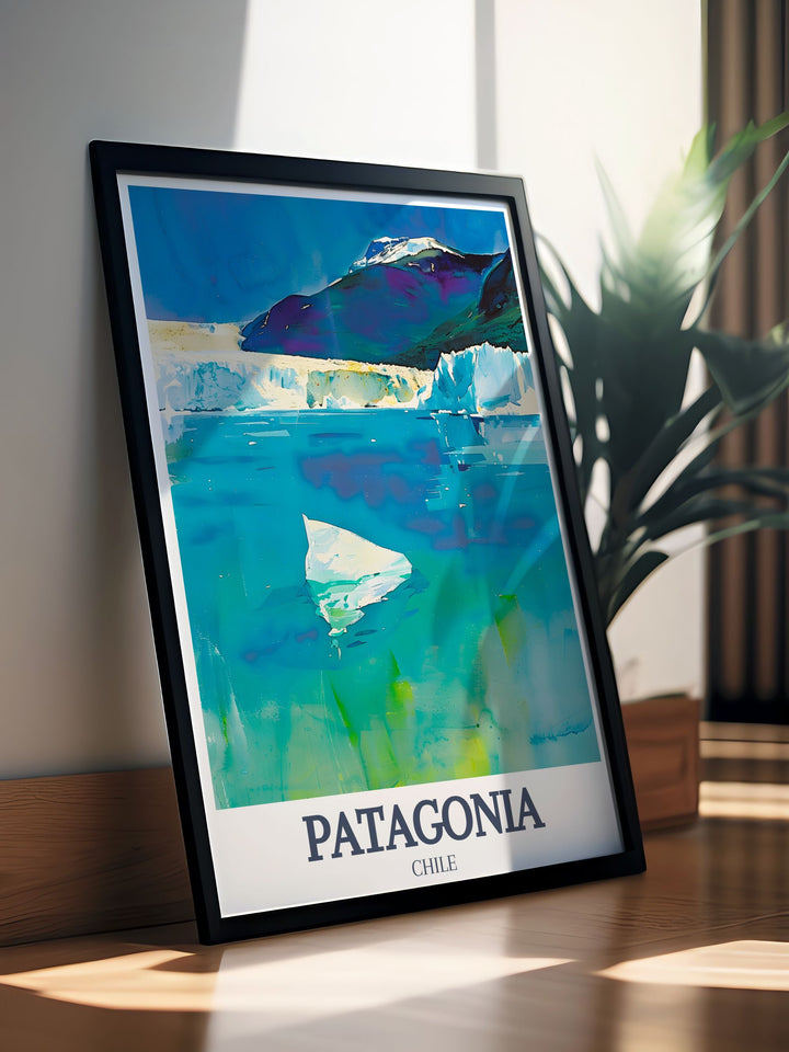 Patagonia Print capturing the awe inspiring views of the Andean mountains and Lago Argentinos calm waters. This framed art brings a slice of South Americas untouched wilderness into your home, making it a standout piece for anyone who loves travel and nature.