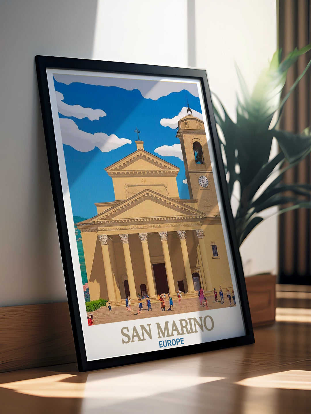 This San Marino wall art captures the majestic Basilica di San Marino, offering a timeless view of one of Europes oldest republics. The intricate details of the basilicas facade are beautifully displayed in this travel print, making it an excellent addition to your home or as a travel gift.