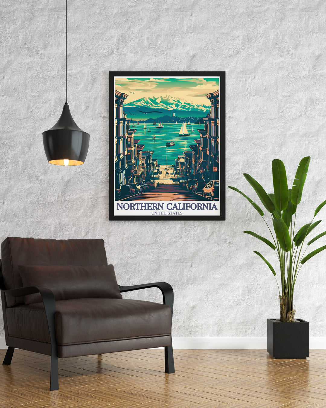 Lake Tahoe Poster Print celebrates the peaceful landscapes of one of Californias most famous lakes, alongside the towering Redwood Sequoias and the dynamic city of San Francisco. This travel print offers a harmonious blend of nature and architecture in one framed art piece.