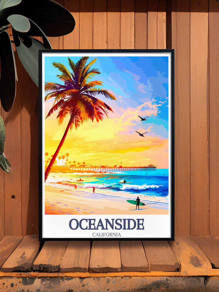Detailed illustration of Oceanside Beach and Oceanside Pier offering a vibrant portrayal of the beach scene ideal for enhancing your home decor with a touch of coastal elegance