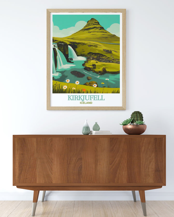 Kirkjufell Art Print focusing on the majestic Kirkjufell mountain, often regarded as the crown jewel of Icelandic landscapes, with its striking silhouette reflected in the nearby waters. The print highlights the serene yet powerful presence of the mountain, ideal for those who wish to bring Icelands natural wonders into their living space.