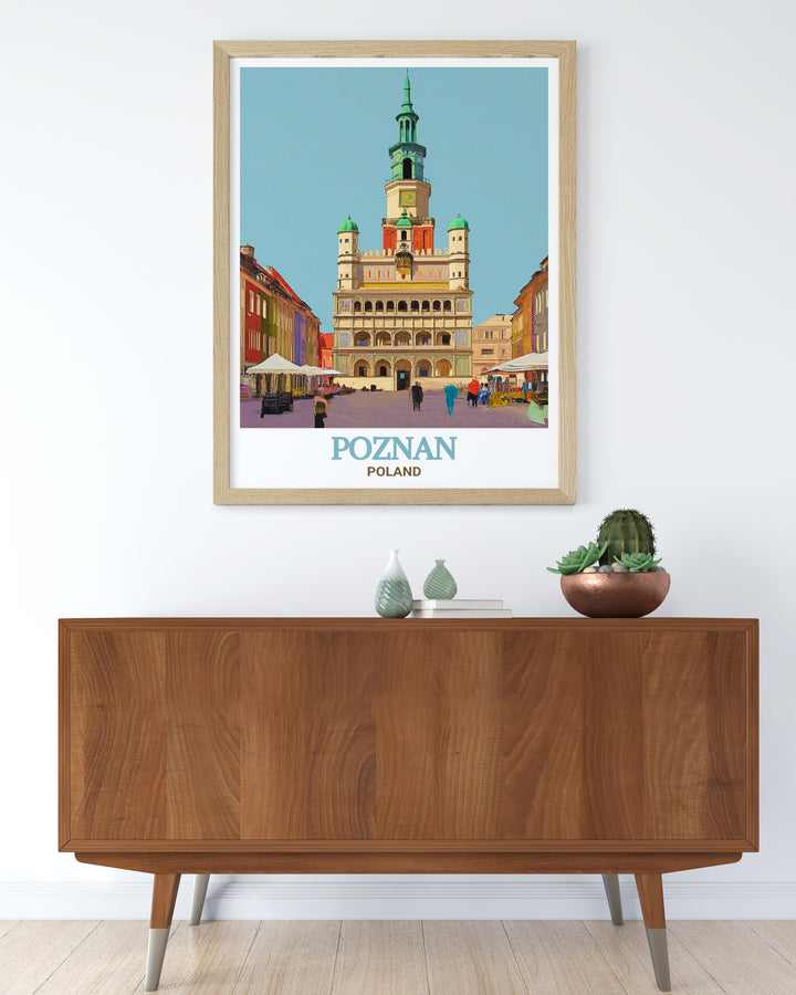 Bring the charm of Poznan into your home with this Poznan Town Hall wall art featuring intricate details and vibrant colors a perfect piece of decor for those who appreciate Polish history and culture ideal for any room or office.