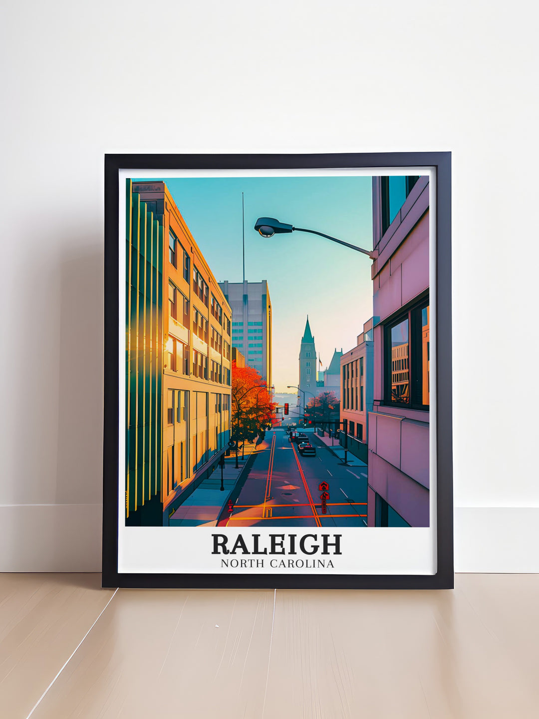 Stunning North Carolina wall art showcasing the vibrant streets of Downtown Raleigh and the cultural significance of Durham. This detailed artwork captures the essence of Raleigh and Durham, ideal for adding a touch of Southern charm to your home