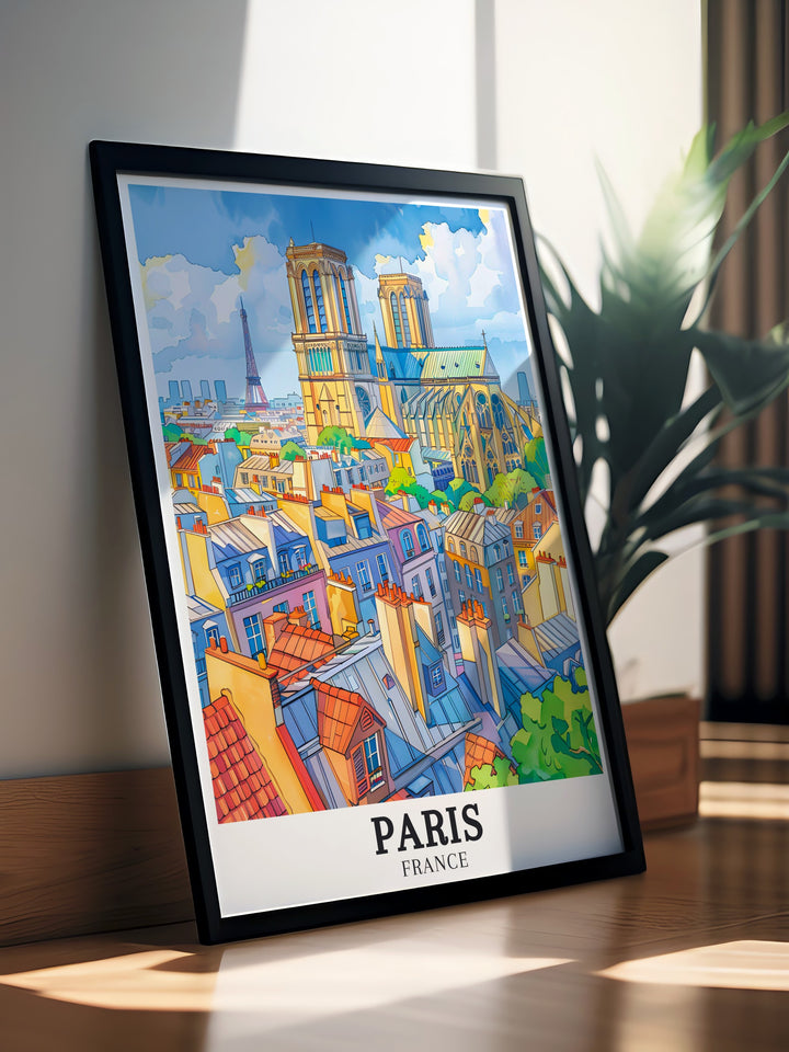 Modern Paris Photography Poster showcasing the Eiffel Tower and Notre Dame Cathedral. This colorful print is perfect for enhancing your home decor and makes a stunning wall decoration.