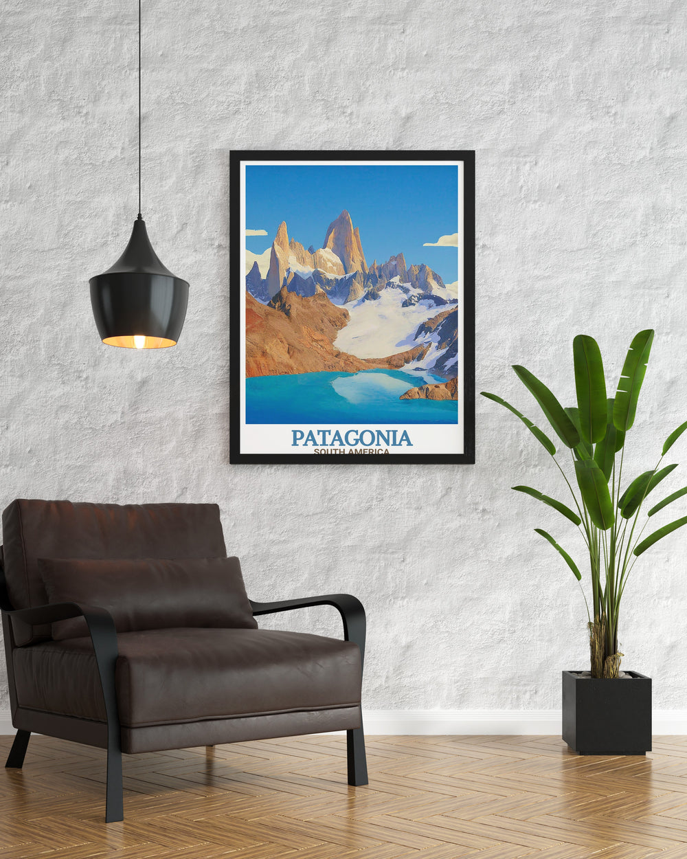 Vibrant Chile travel poster showcasing the beauty of Torres Del Paine and Mount Fitz Roy. Ideal for adding a touch of South America to your wall art collection. Retro travel poster style for vintage and modern art lovers alike.