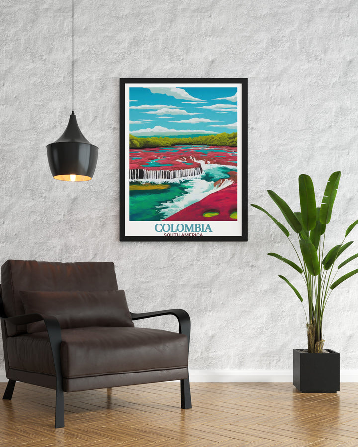 Colombia Canvas Art showcases the breathtaking Caño Cristales and the picturesque streets of Cartagena. This print is ideal for those who love Colombias natural beauty and its rich historical architecture.