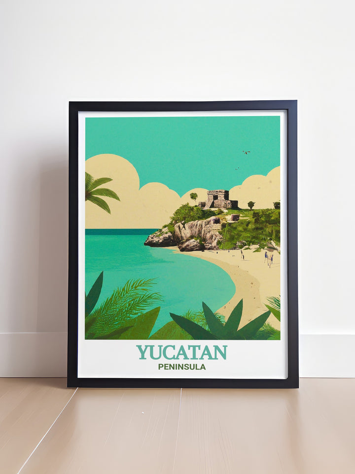 This beautiful travel poster features the Yucatan Peninsulas famous Tulum ruins, showcasing the blend of Mayan history and the Caribbeans striking turquoise waters. Ideal as wall art for history lovers or travelers, this detailed poster print captures the essence of Mexicos rich cultural heritage, perfect for both home and office decor.