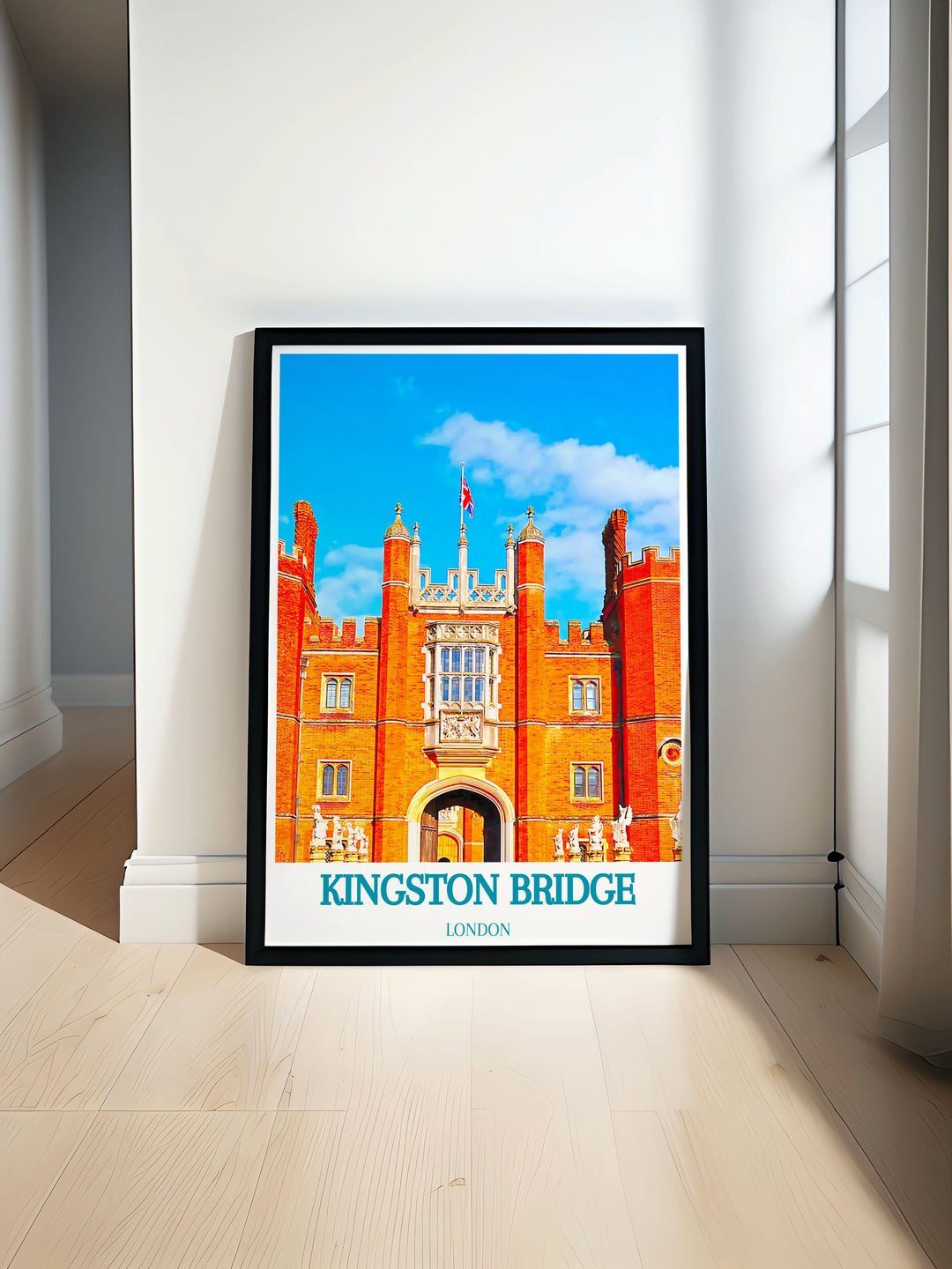 This travel poster captures the historical significance of Kingston Bridge and Hampton Court Palace in London, showcasing their architectural elegance and timeless charm.