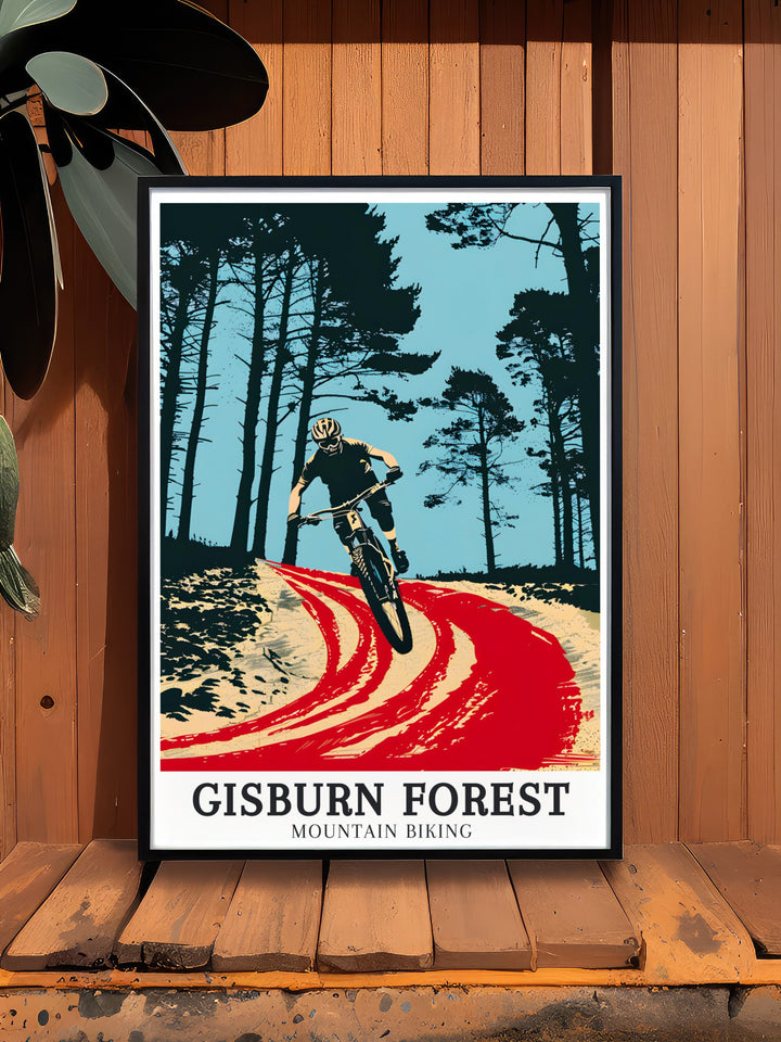 Vibrant mountain biking art featuring Gisburn Forest Hully Gully trail and its renowned MTB trails perfect for creating an adventurous atmosphere in your living room or office space