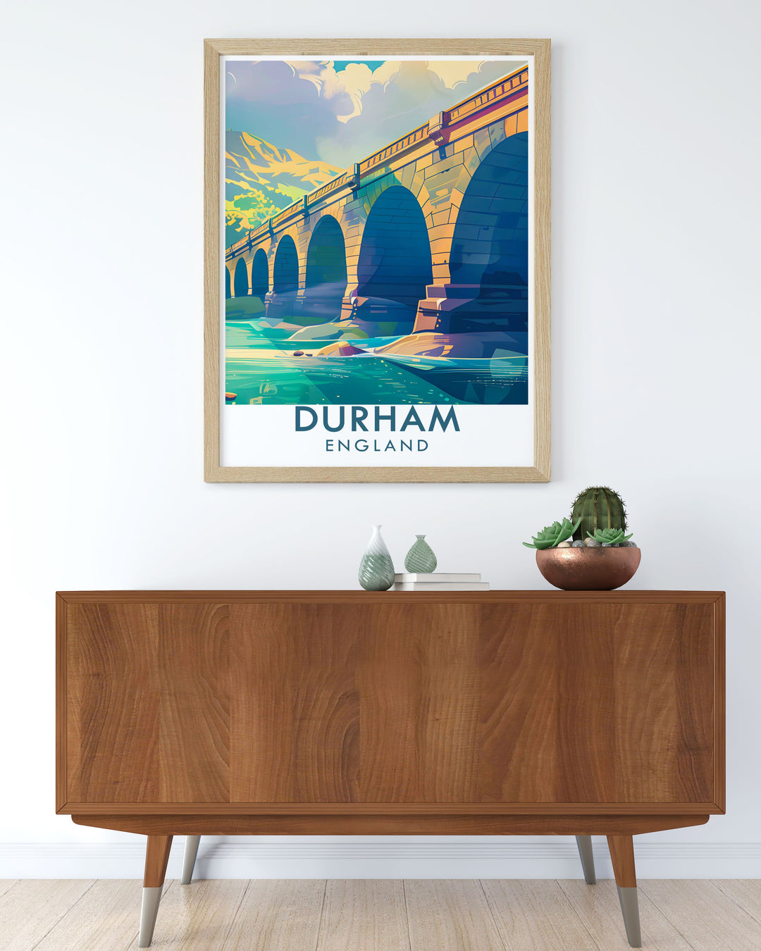 This travel poster of Prebends Bridge captures the serene beauty and historical significance of one of Durhams most treasured landmarks, offering a glimpse into the citys riverside past.