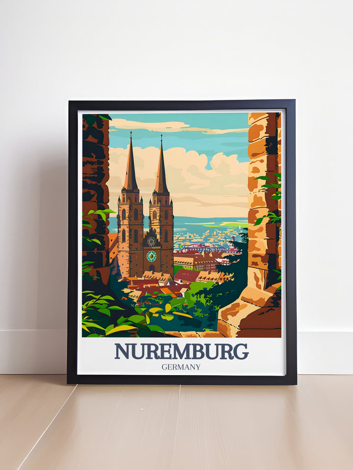 Nuremberg travel print featuring the historic St. Lorenz Church and the charm of Bavarias medieval streets. This modern design highlights the citys architectural treasures, offering a unique piece of wall art for any home or office. Ideal for history lovers and travelers alike.