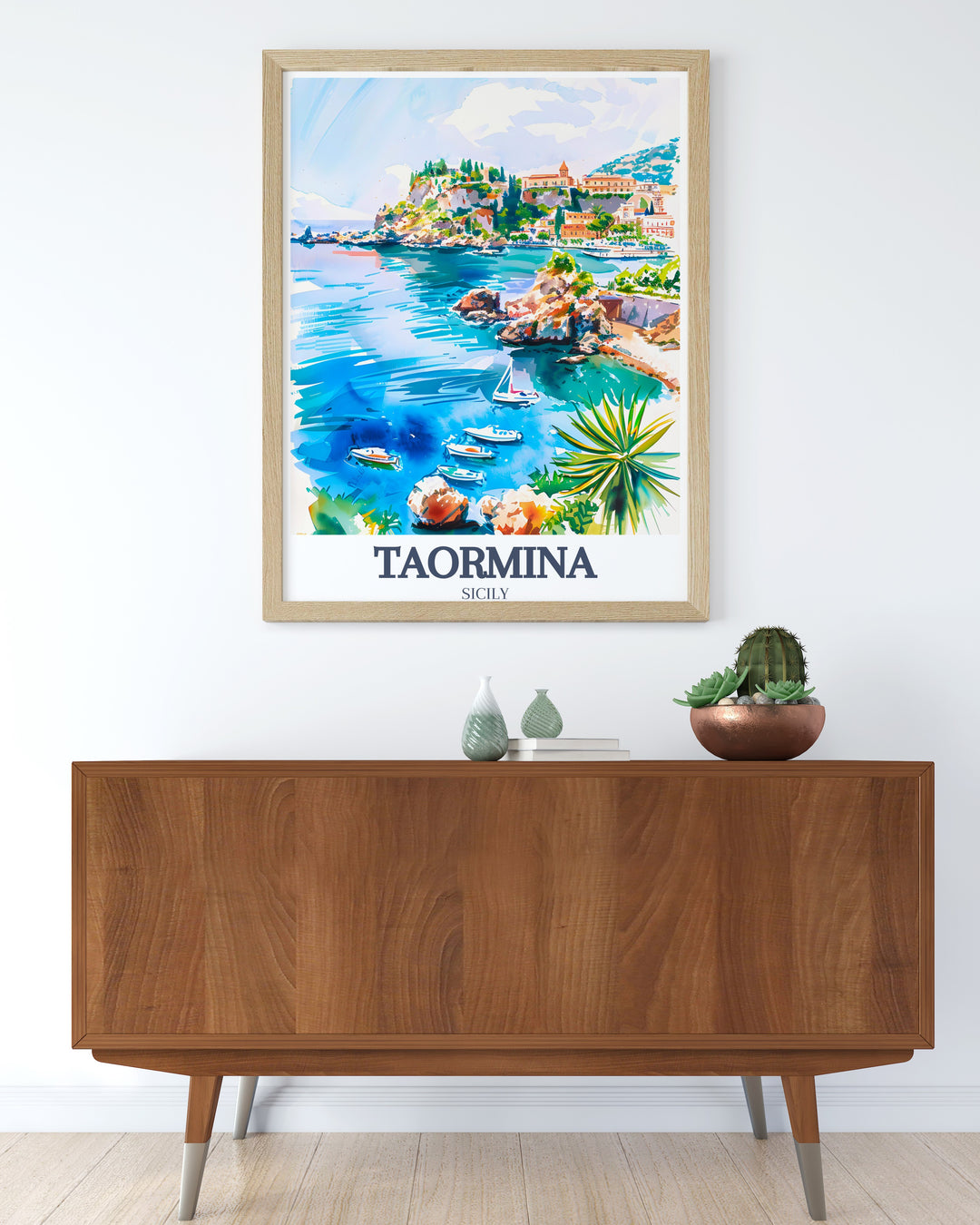 Elegant Italy art featuring Taormina Beach and Isola Bella. This modern print beautifully captures the charm of Taorminas scenic coastline and the enchanting Isola Bella.