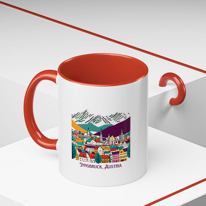 Enjoy your favorite beverage with this Innsbruck Austria mug, highlighting the city’s historic architecture and majestic mountains. Dishwasher-safe and durable, it is a meaningful gift or keepsake for admirers of Innsbruck.