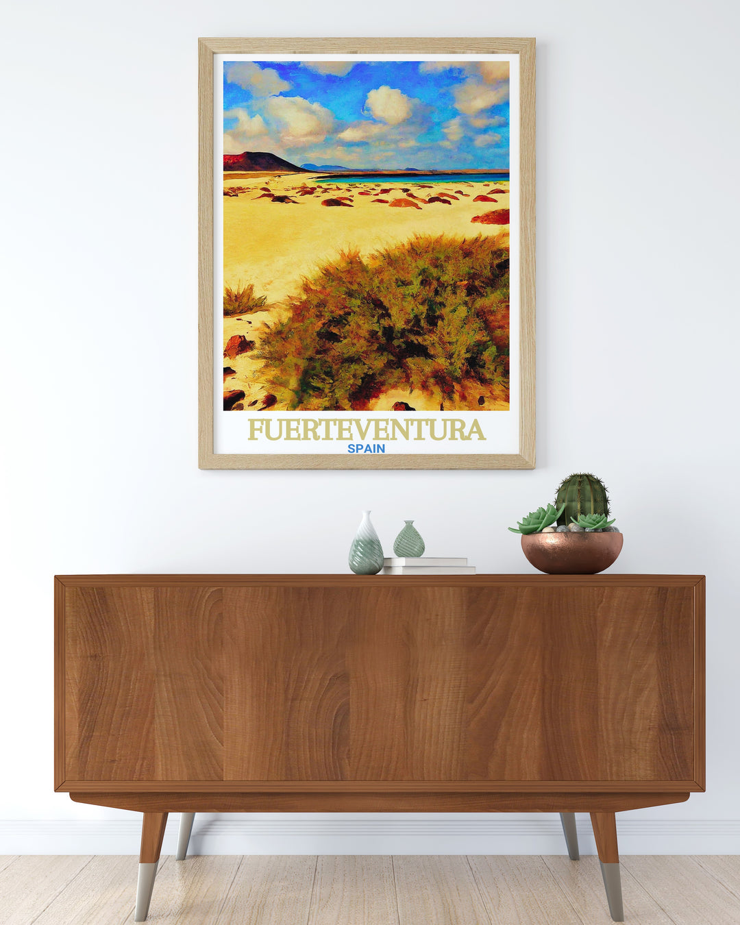 Stunning Fuerteventura poster print capturing the vast landscapes of Corralejo Natural Park. This travel art showcases the golden dunes and clear waters of Spains Canary Islands, perfect for adding a touch of natural beauty to your wall decor.