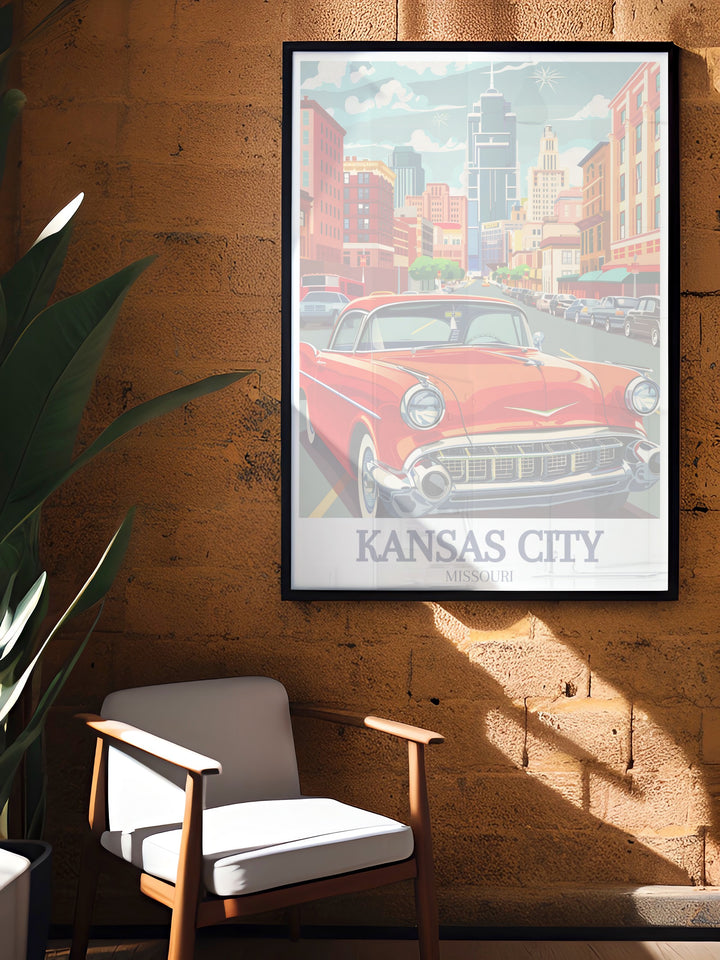 Kansas City skyline wall poster featuring a modern take on Missouris most recognizable cityscape. Perfect for home décor, this travel art print brings a piece of urban Missouri into your home with a stylish and contemporary look.