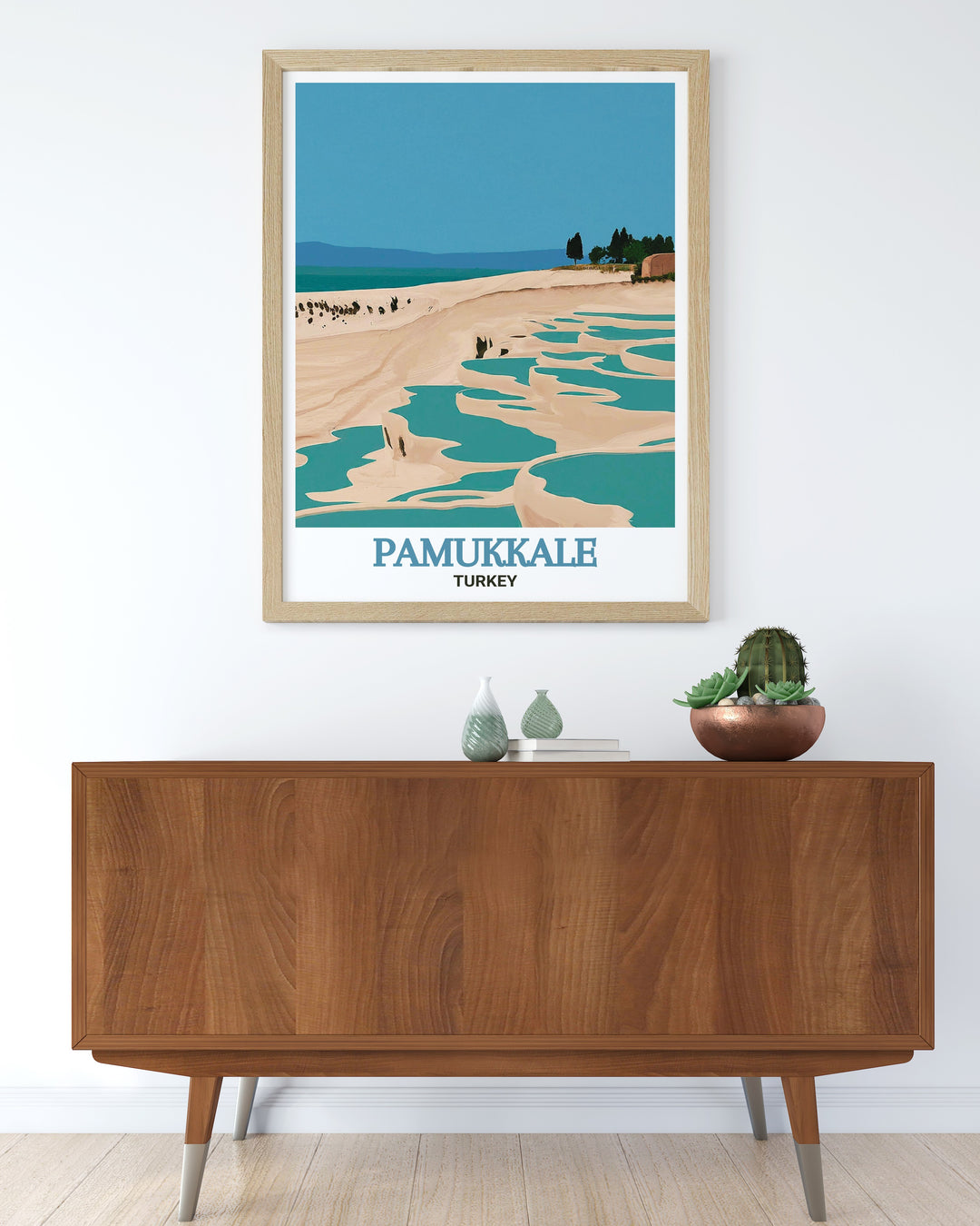 Bring the charm of Turkey into your home with this travel poster featuring Pamukkale and its thermal pools. The artwork highlights the best of this natural wonder, ideal for anyone who loves the beauty and tranquility of Turkey.