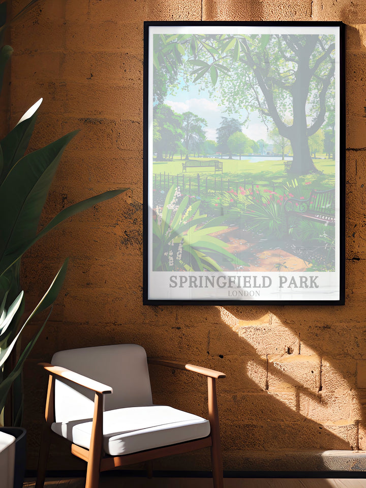 River Lea Poster showcasing The White Lodge The Pond and Springfield Park a beautiful vintage travel print perfect for collectors of London park prints and nature inspired wall art an elegant addition to any room.