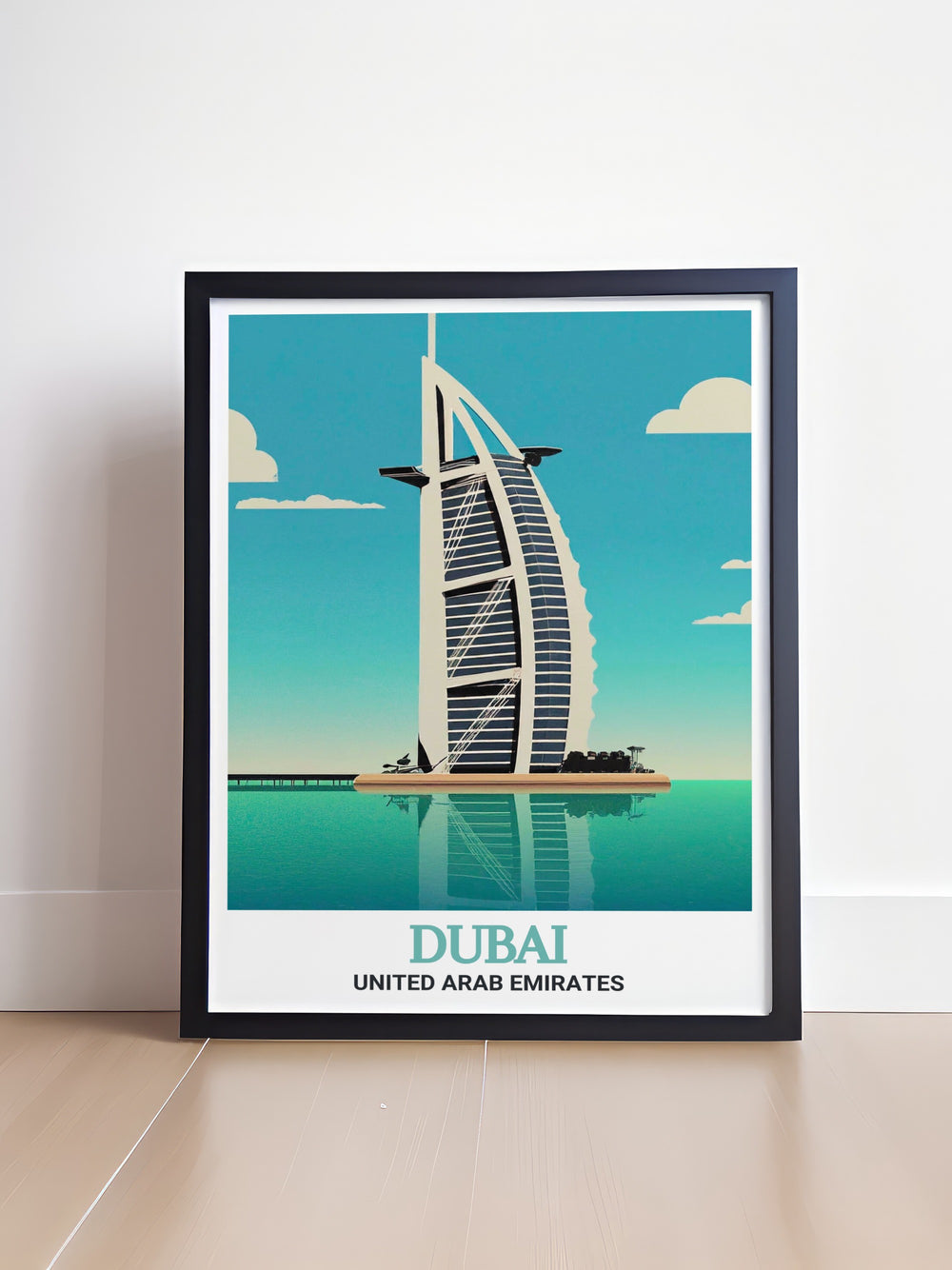 Dubai art print featuring the iconic Burj Al Arab and a detailed city map offering a sleek and sophisticated addition to any wall art collection with a contemporary black and white style