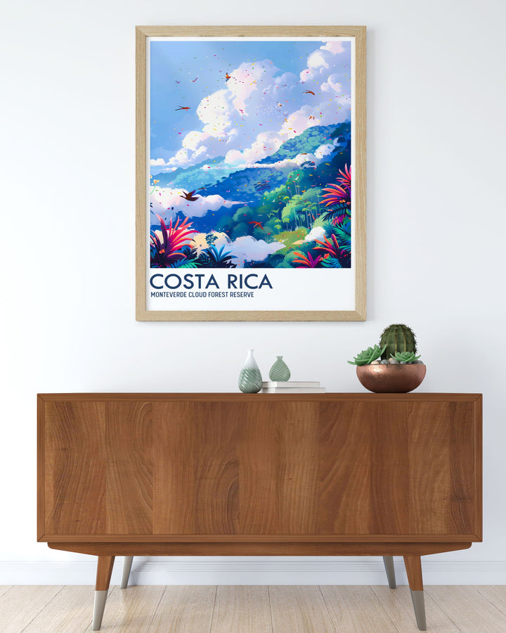 Experience the ethereal mist and vibrant landscapes of Monteverde Cloud Forest Reserve with this beautiful art print. Highlighting the rich biodiversity and scenic beauty of this iconic Costa Rican park, this travel poster is perfect for adding a touch of tropical charm to your home decor. A stunning addition to any room.