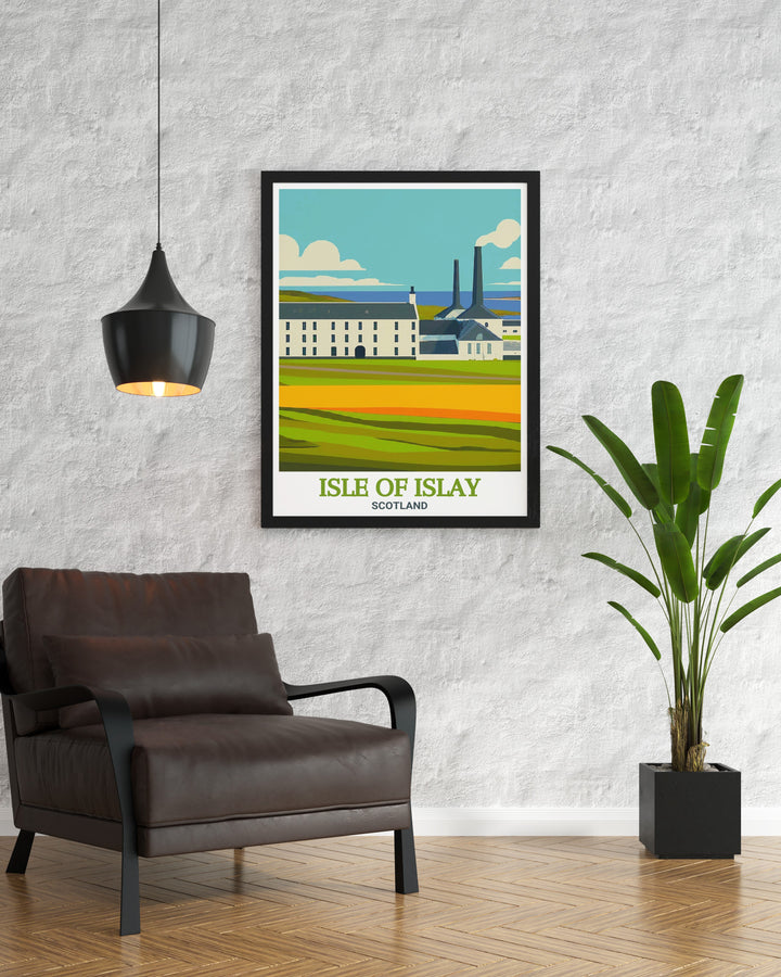 A captivating depiction of the Isle of Islay, highlighting the historic Laphroaig Distillery. This travel poster showcases the distillerys iconic white buildings set against the dramatic Scottish landscape, perfect for whisky lovers and Scotland enthusiasts.