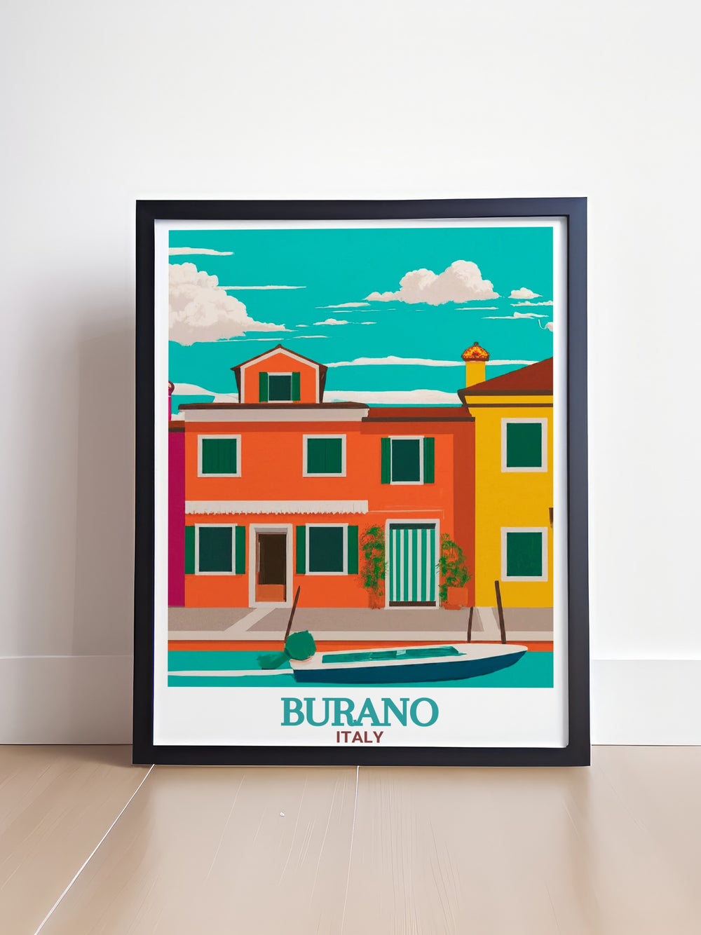 Detailed Burano skyline showcasing the colorful houses and tranquil waterways of Burano. This Burano print makes a stunning addition to any wall art collection, bringing a vibrant and cheerful ambiance to your living space.