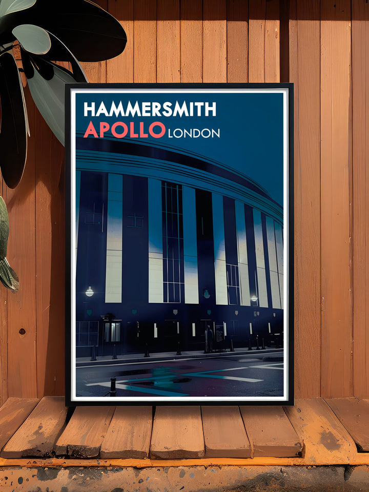 Featuring the lively spirit of Hammersmith Apollo, this travel poster captures the vibrant atmosphere of one of Londons most famous music venues.