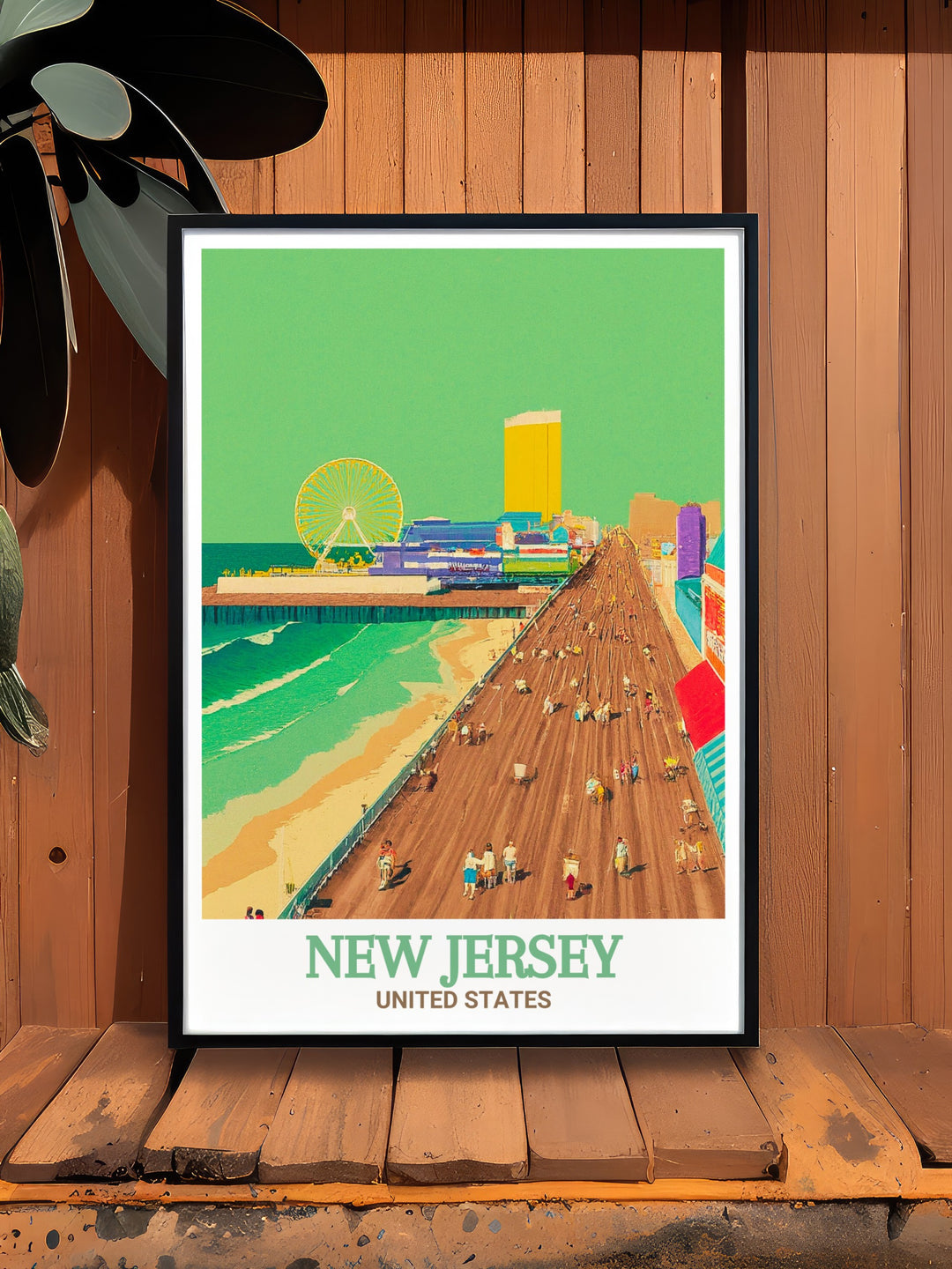 New Jersey travel poster showcasing the Atlantic City Boardwalk and its dynamic life. Ideal for adding a piece of New Jerseys coastal charm to your home. The vibrant colors and fine details make this artwork a beautiful addition to any space.