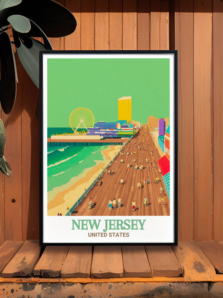 New Jersey travel poster showcasing the Atlantic City Boardwalk and its dynamic life. Ideal for adding a piece of New Jerseys coastal charm to your home. The vibrant colors and fine details make this artwork a beautiful addition to any space.