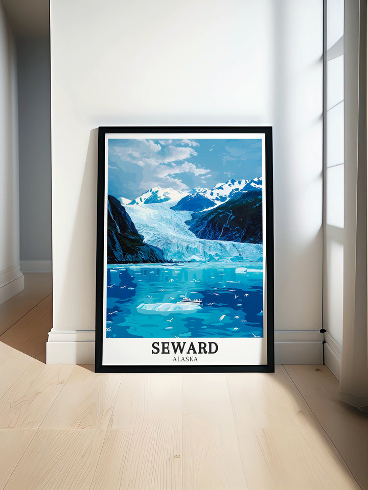 Detailed Seward print highlighting the pristine beauty of Kenai Fjords National Park and the expansive Harding Icefield. The artwork brings together the best of Alaskas natural wonders, making it a cherished piece for any Alaska art enthusiast