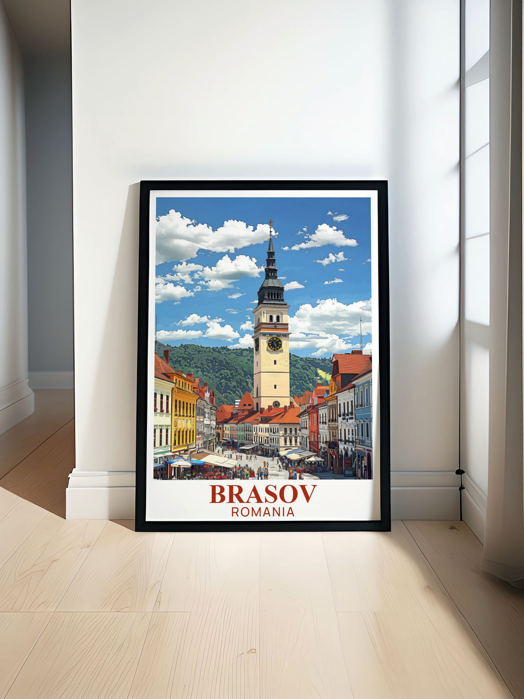 Stunning Brasov Romania travel print showcasing the picturesque landscapes and historic sites including Council Square Piata Sfatului. Ideal for adding elegance to any room. Perfect for art and collectibles enthusiasts.