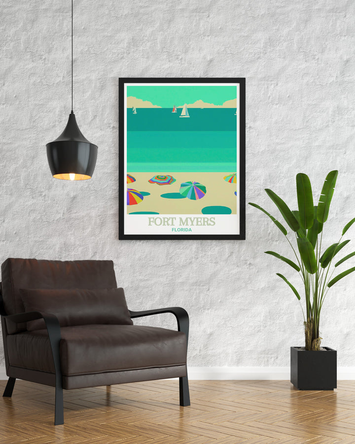 Fort Myers Beach wall art depicting the tranquil shoreline and crystal clear waters. This beautiful Florida print captures the peaceful atmosphere of the beach, making it a great addition to any room.