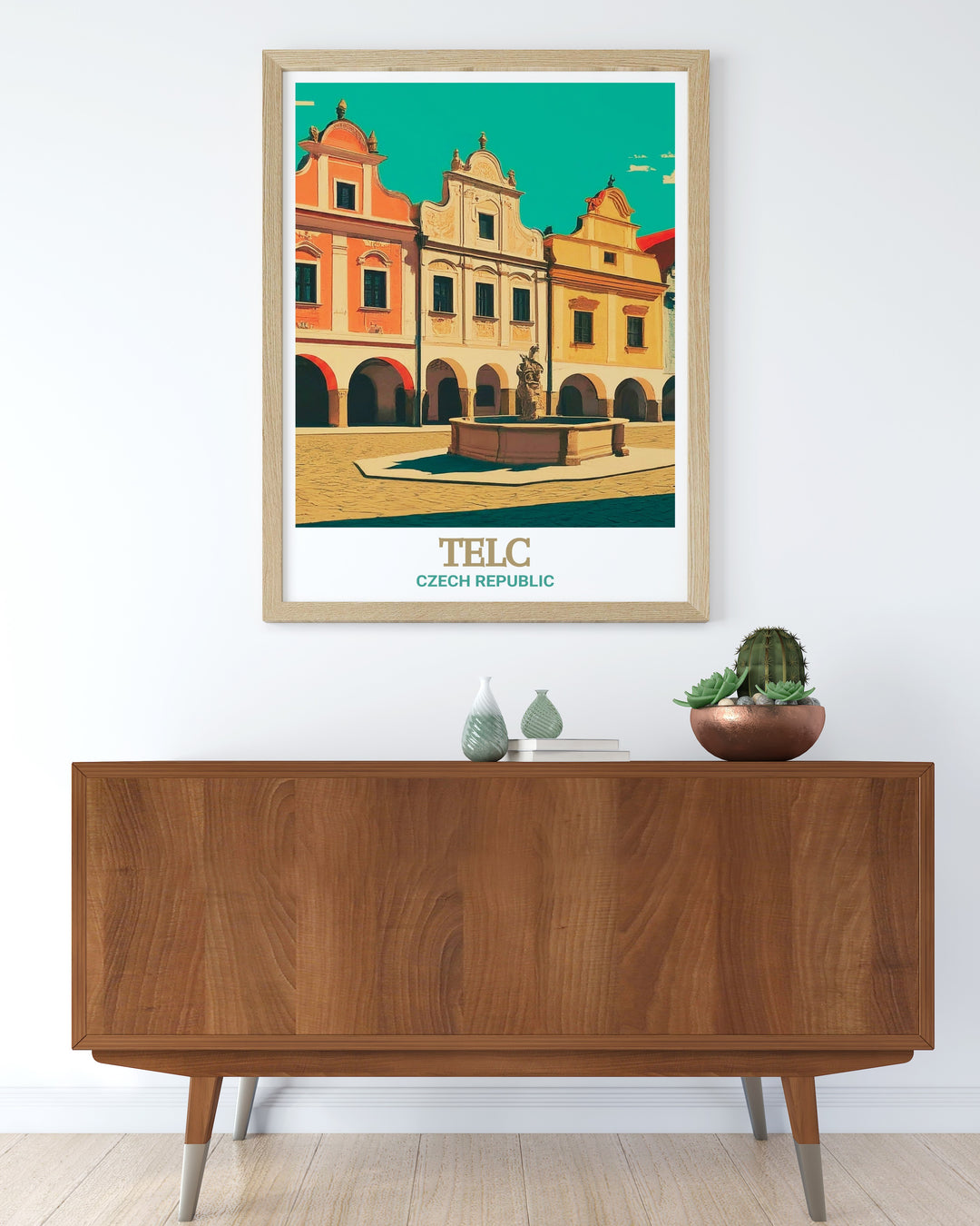 Discover the picturesque beauty of Telč with this vintage style poster featuring Zacharias of Hradec Square. The artwork reflects the towns historic charm and architectural elegance, offering a perfect blend of history and art for your home or office