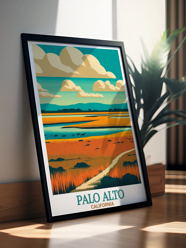 Personalized gift poster of Palo Alto Baylands Nature Preserve combining the iconic Palo Alto skyline with lush greenery a perfect blend of vintage and modern art styles adding charm to any space with a vibrant color palette.