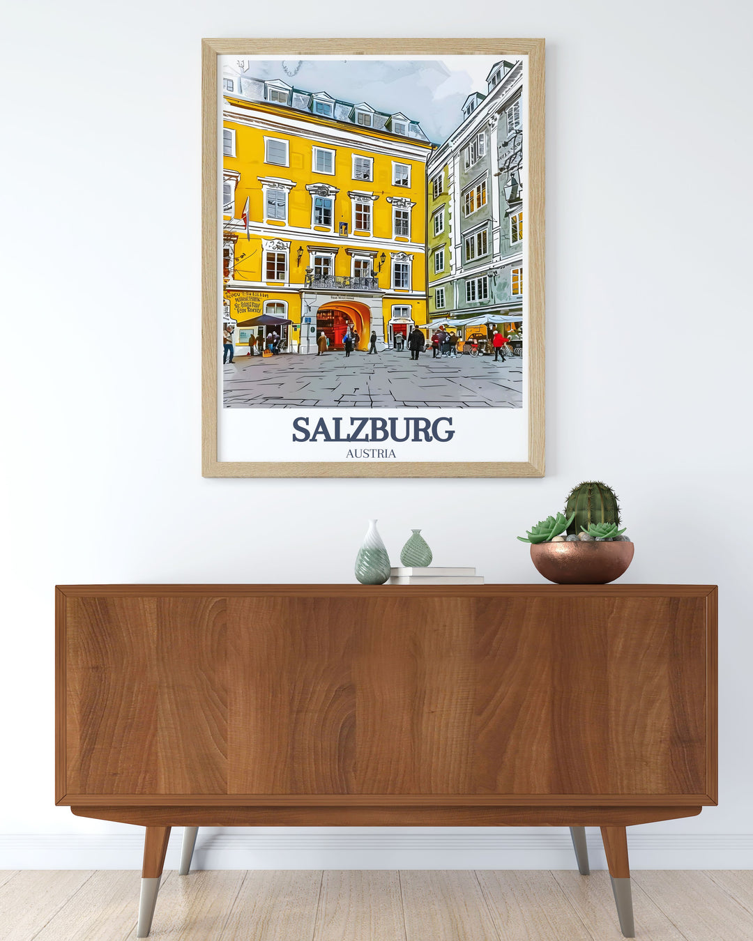 Beautiful Salzburg print featuring Salzburg Cathedral and Getreidegasse. This colorful wall art combines historic landmarks and modern design making it a perfect addition to any room or an ideal gift for those who love Salzburg.