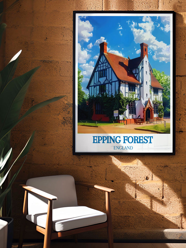 Vintage poster of Queen Elizabeths Hunting Lodge, reflecting the charm and royal heritage of this iconic building in Epping Forest.