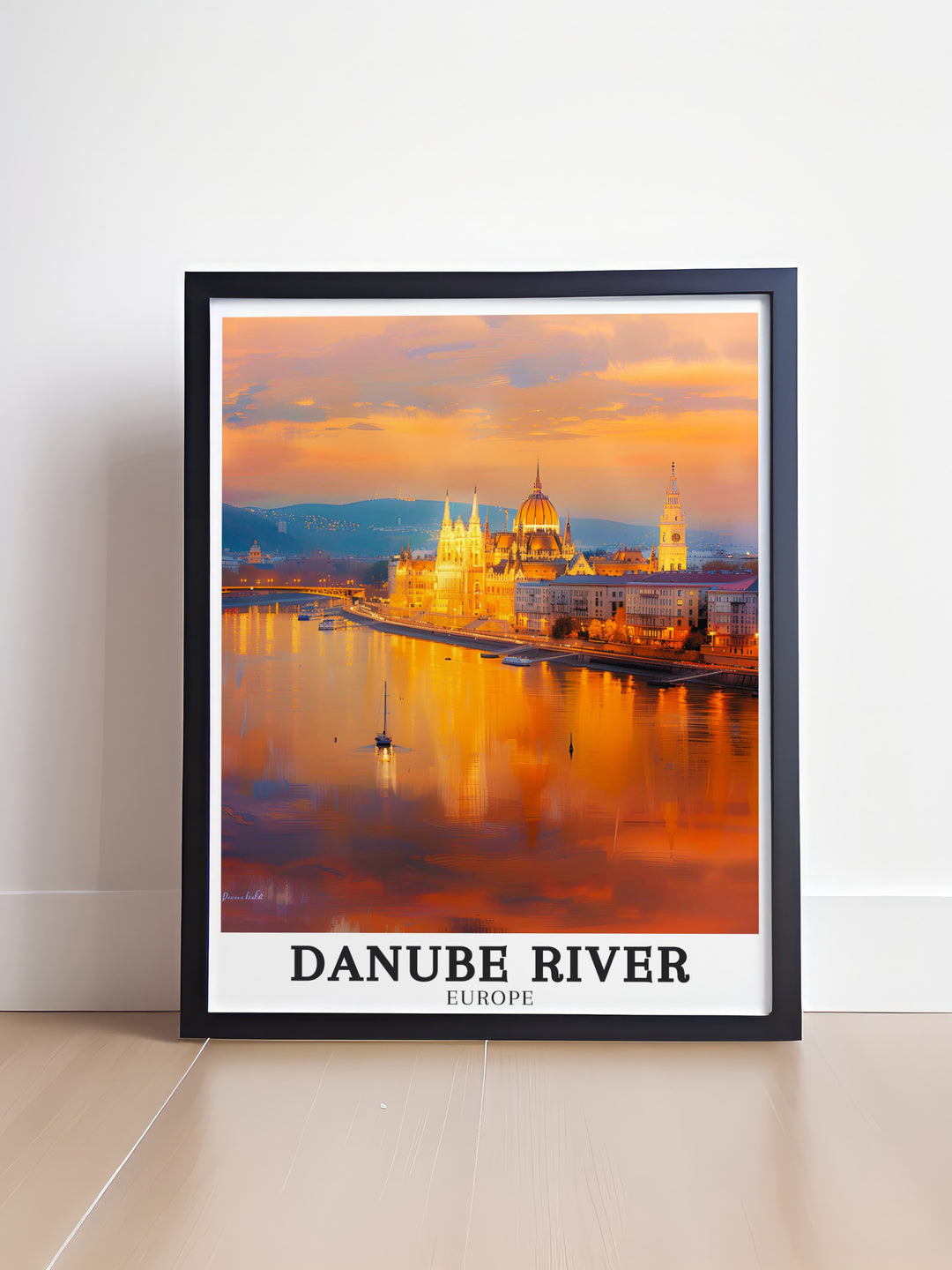 Elegant and timeless Danube Wall Art with the Hungarian Parliament Building Budapest in the background. This art print is perfect for those who appreciate European history and architecture, making it an excellent addition to any decor.