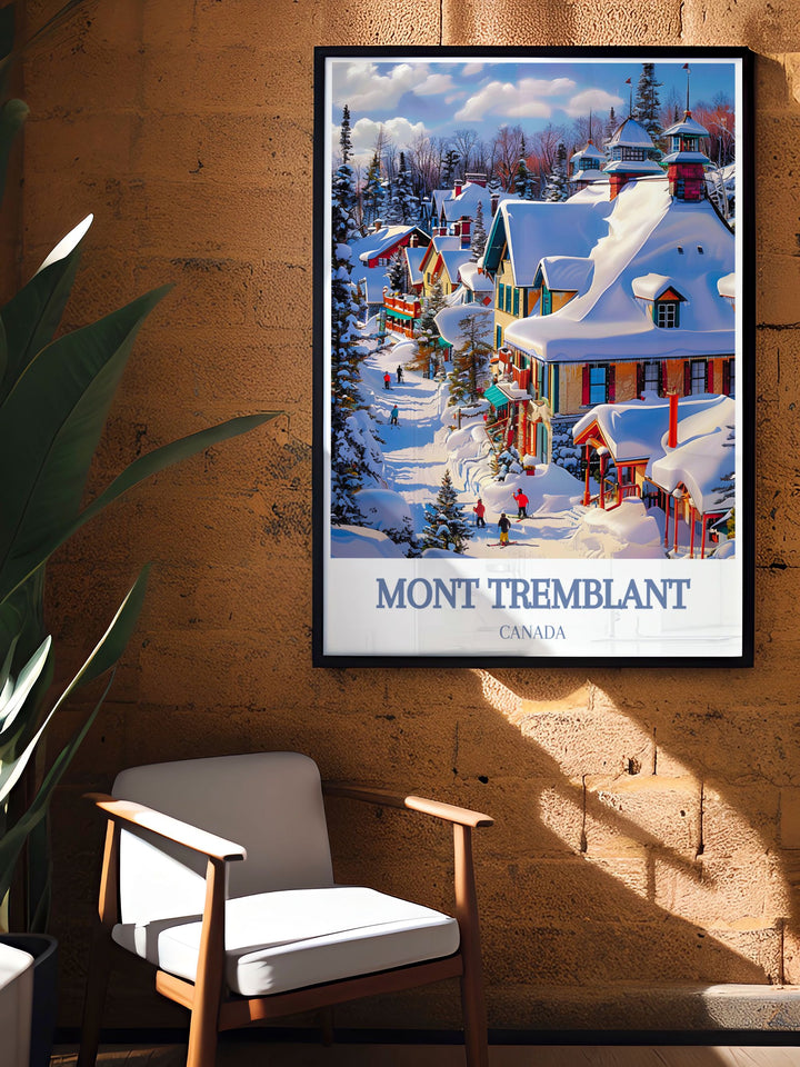 Tremblant Ski Resort Artwork depicting the breathtaking beauty of Mont Tremblant and the Laurentian Mountains ideal for enhancing your home decor with vibrant colors and intricate details capturing the essence of the Canadian wilderness and winter adventures.