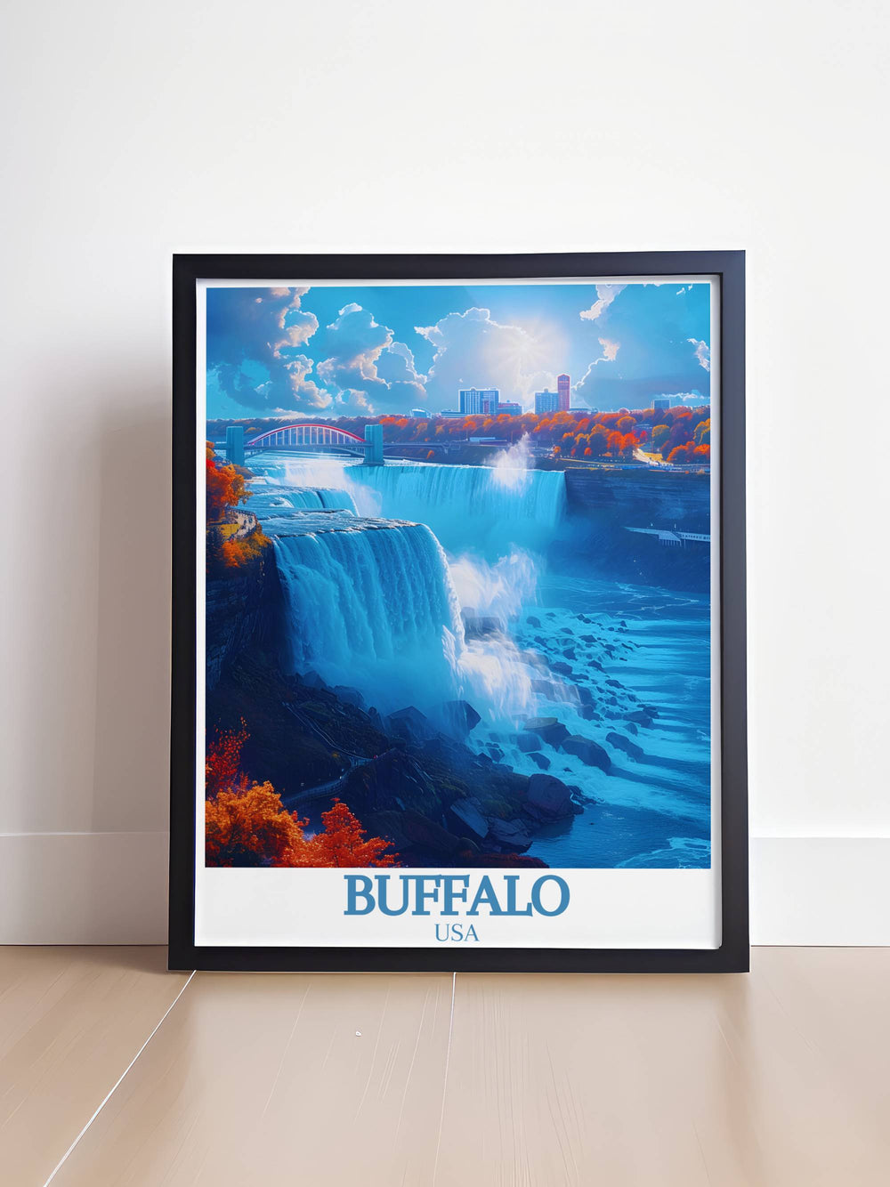 Highmark Stadium print showcasing the Buffalo Bills stadium alongside the beauty of Niangara Falls ideal for any fans wall art collection