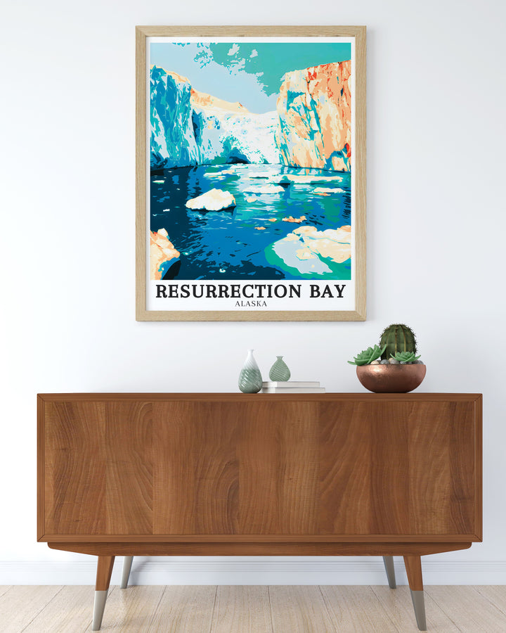 A beautiful art print of Resurrection Bay and Bear Glacier, this Alaska travel poster adds a touch of nature to your home. The icy waters of Bear Glacier Lagoon are intricately detailed, making it a perfect piece for nature lovers and travel enthusiasts alike.