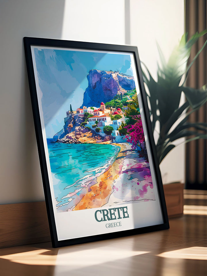 Experience the idyllic scenery of Elafonissi Beach with this detailed travel poster. Featuring the beachs pinkish sands and serene lagoon, this art print brings a touch of Cretes coastal charm into your home, making it a perfect gift for nature lovers and travelers.