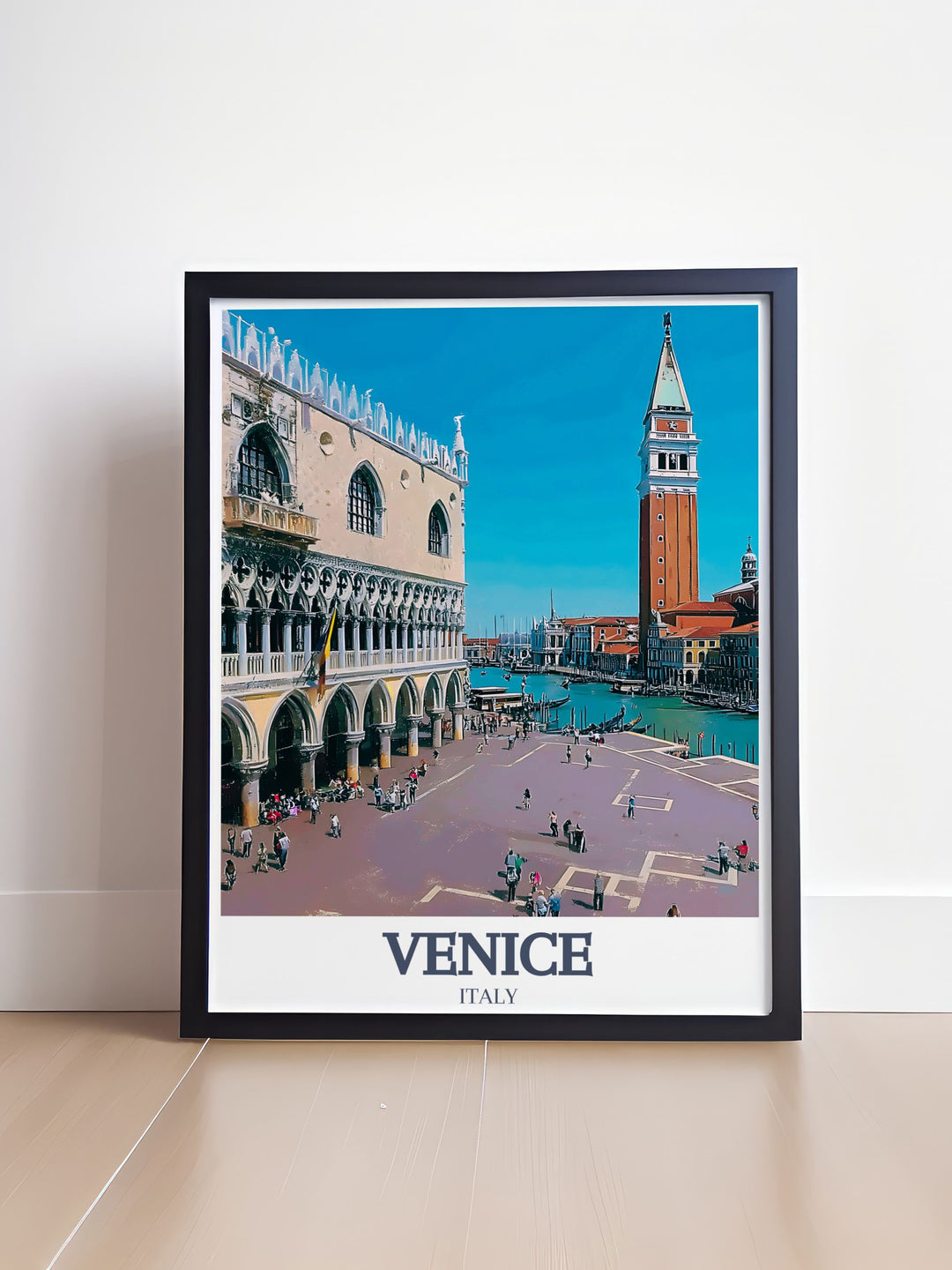 This travel poster features Venices St. Marks Square and the iconic Grand Canal, offering a detailed and elegant view of the citys most famous landmarks. Perfect for anyone who loves Italy, this poster captures the essence of Venice.